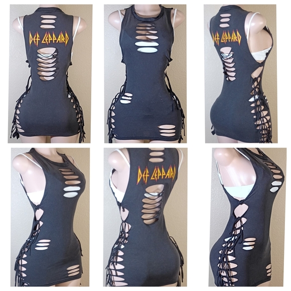 Def Leppard Tops - Def Leppard Black Custom Distressed Lace-Up Tank Top/Cover-Up